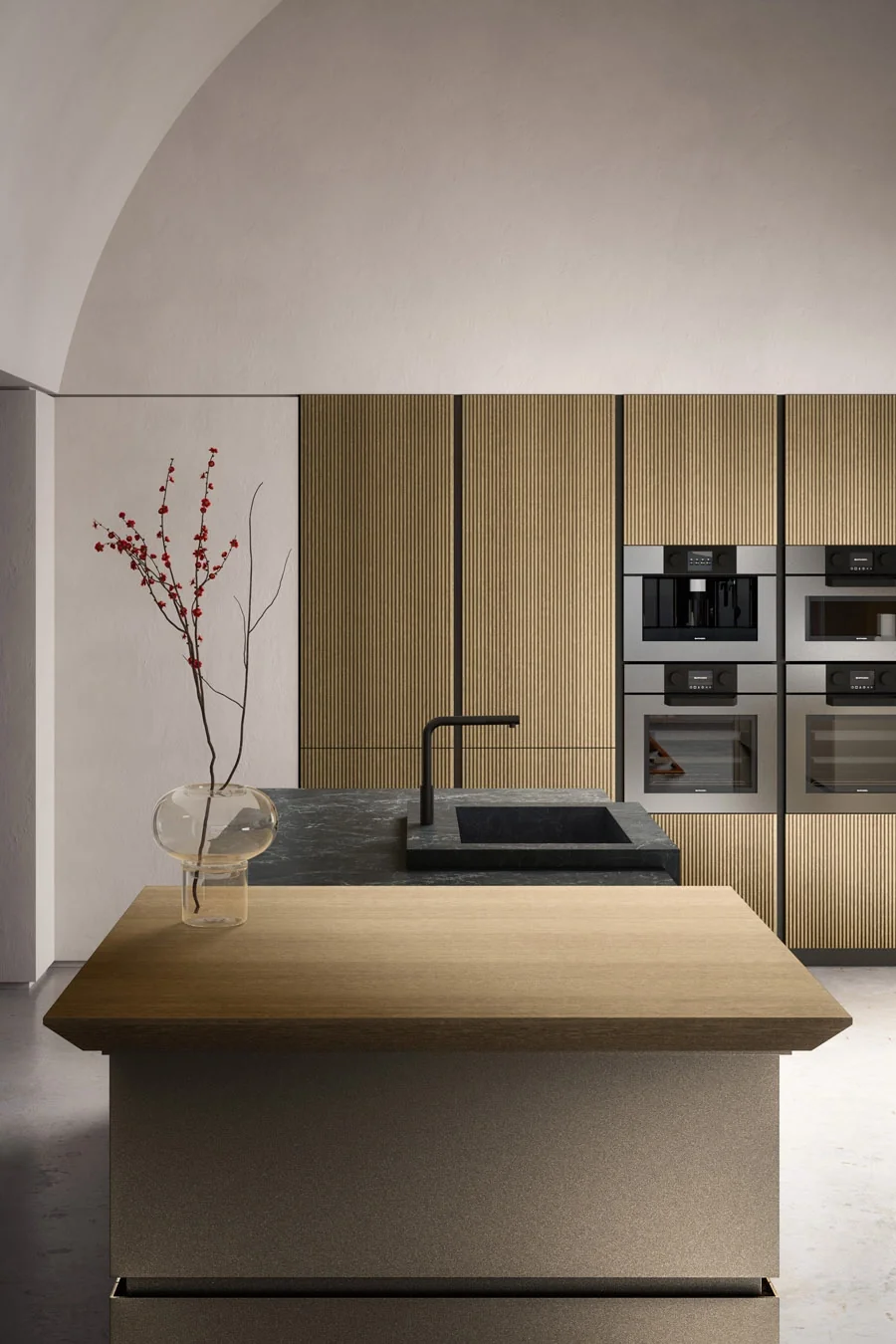 Cuisine française moderne avec placards en bois et finitions pratiques