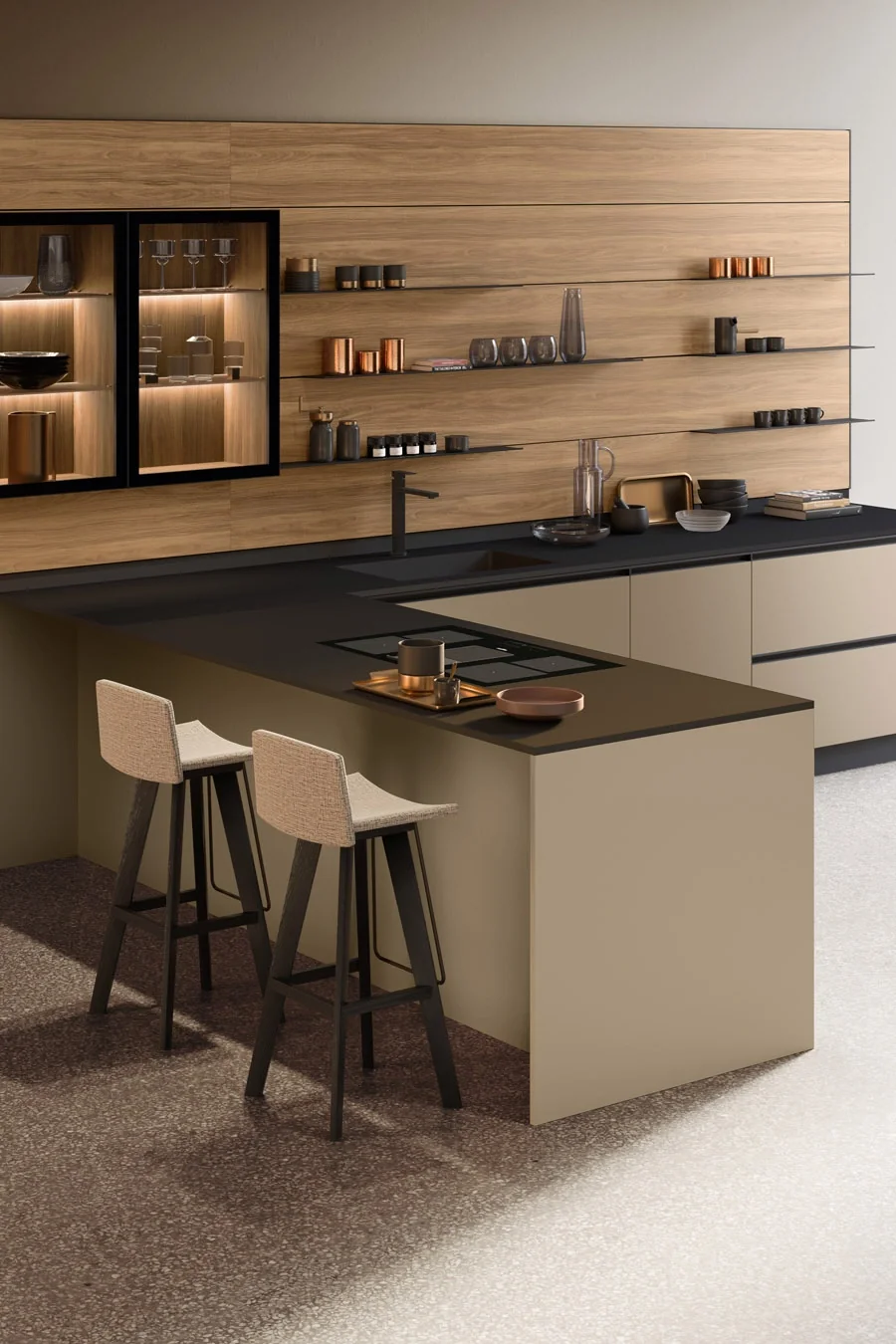 Cuisine de luxe avec finitions en marbre et matériaux premium